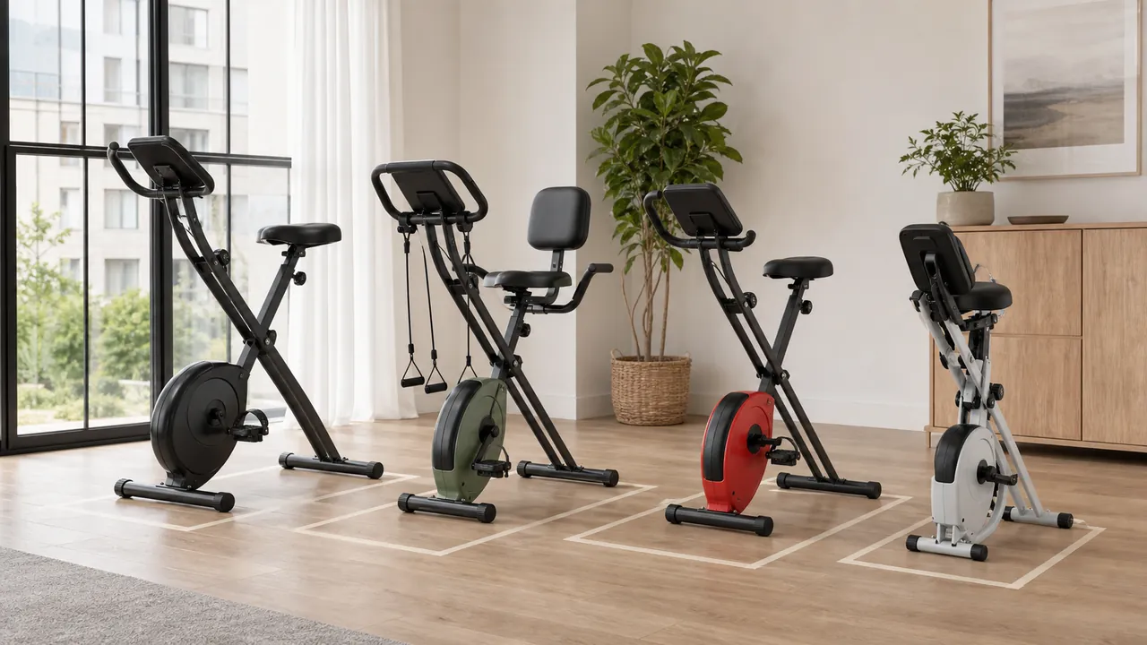 Four generic unbranded folding stationary bikes arranged beside measured storage spaces in a bright apartment