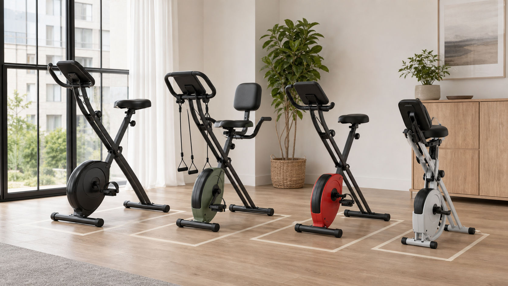 Four generic unbranded folding stationary bikes arranged beside measured storage spaces in a bright apartment