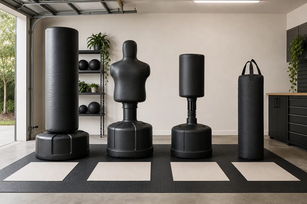Four generic freestanding striking targets arranged over blank footprint templates in a garage