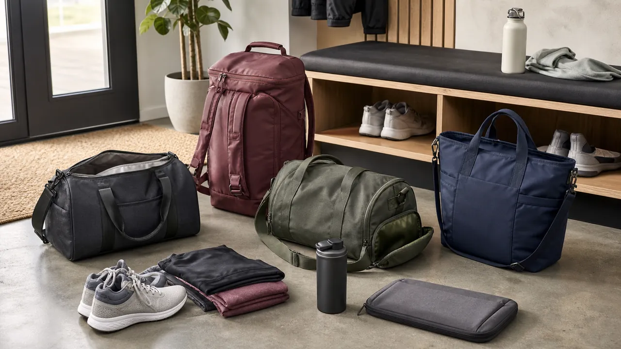 Four generic gym bags in duffle, backpack, separated-compartment, and tote formats beside shoes and workout gear.