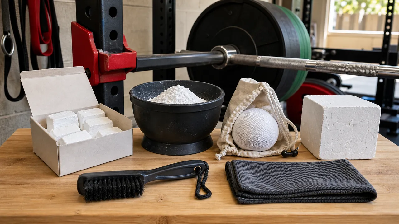 Generic unbranded chalk blocks, loose chalk, and a mesh chalk ball arranged beside a barbell sleeve and cleaning brush