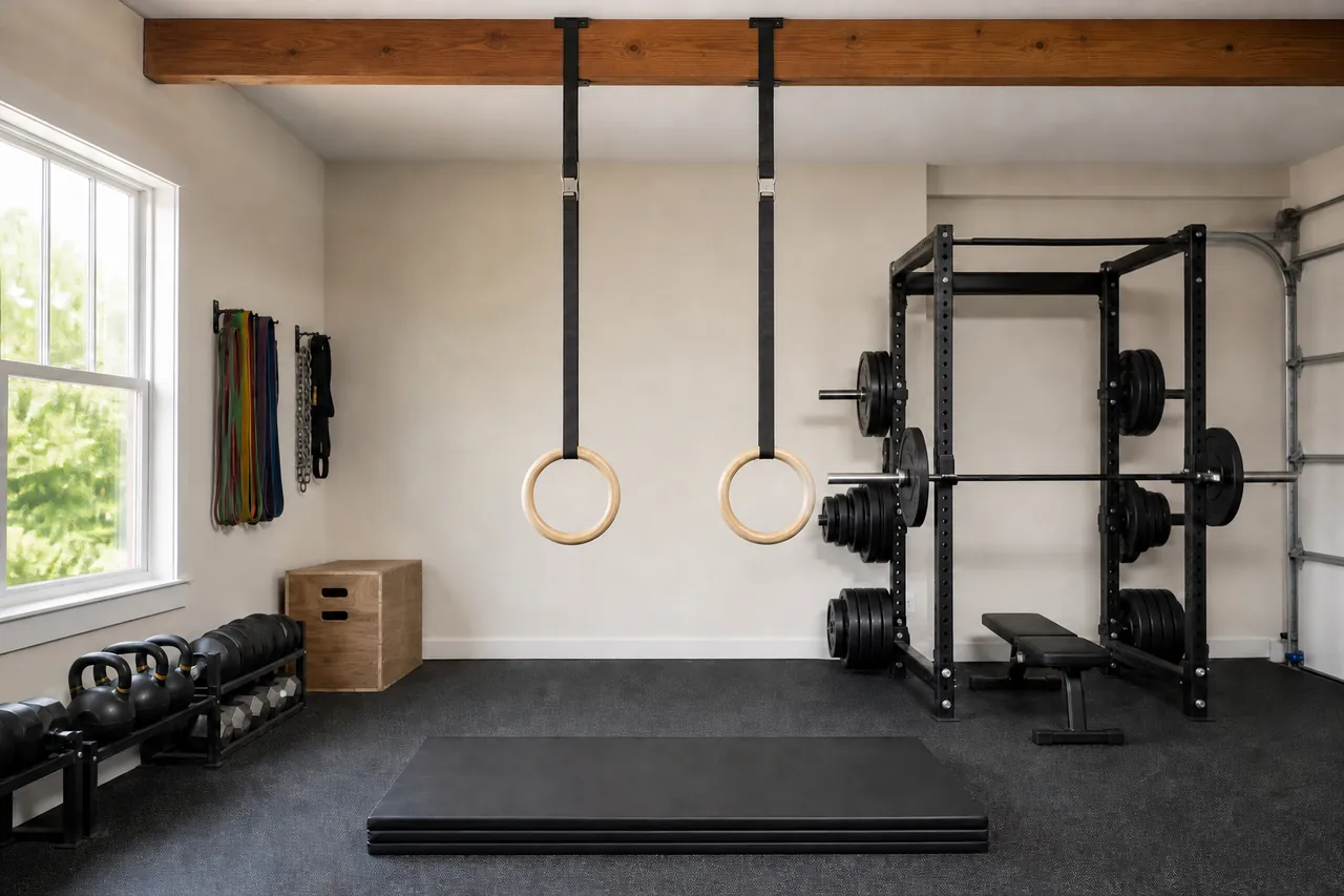 Generic wooden gymnastic rings on plain black straps in a bright home garage gym