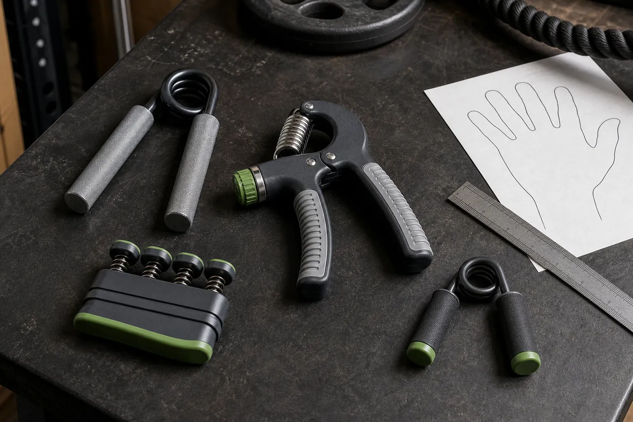 Four generic hand-grip mechanisms beside a hand outline and ruler on a gym workbench