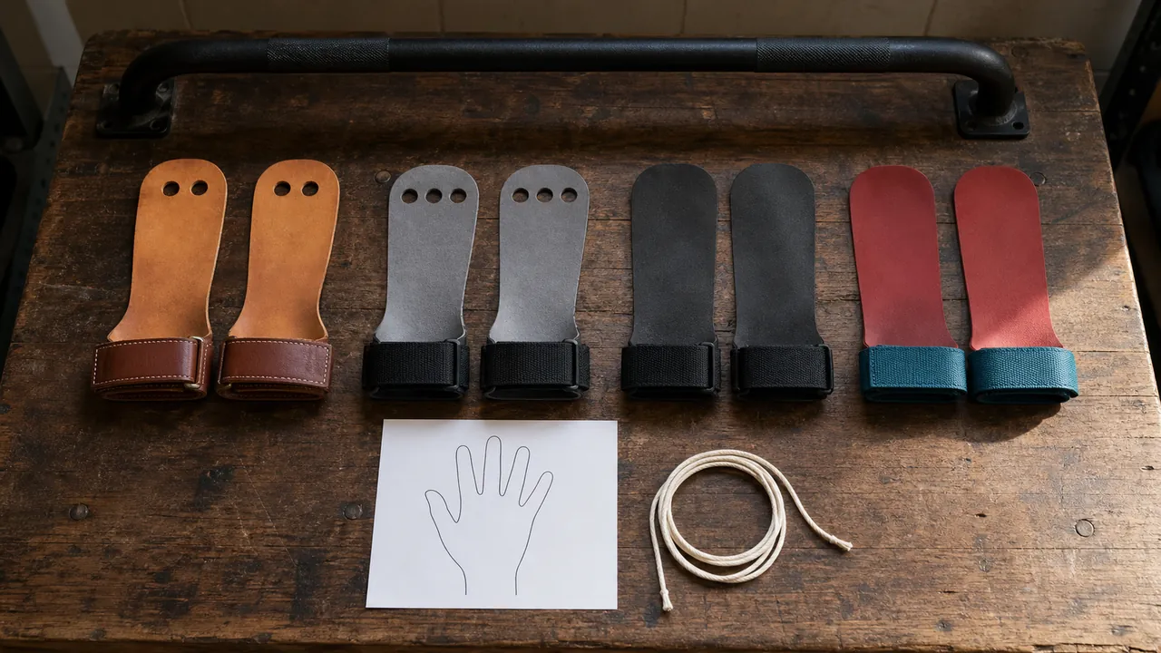 Four generic pairs of finger-hole and fingerless grips beside a blank hand outline and pull-up bar.