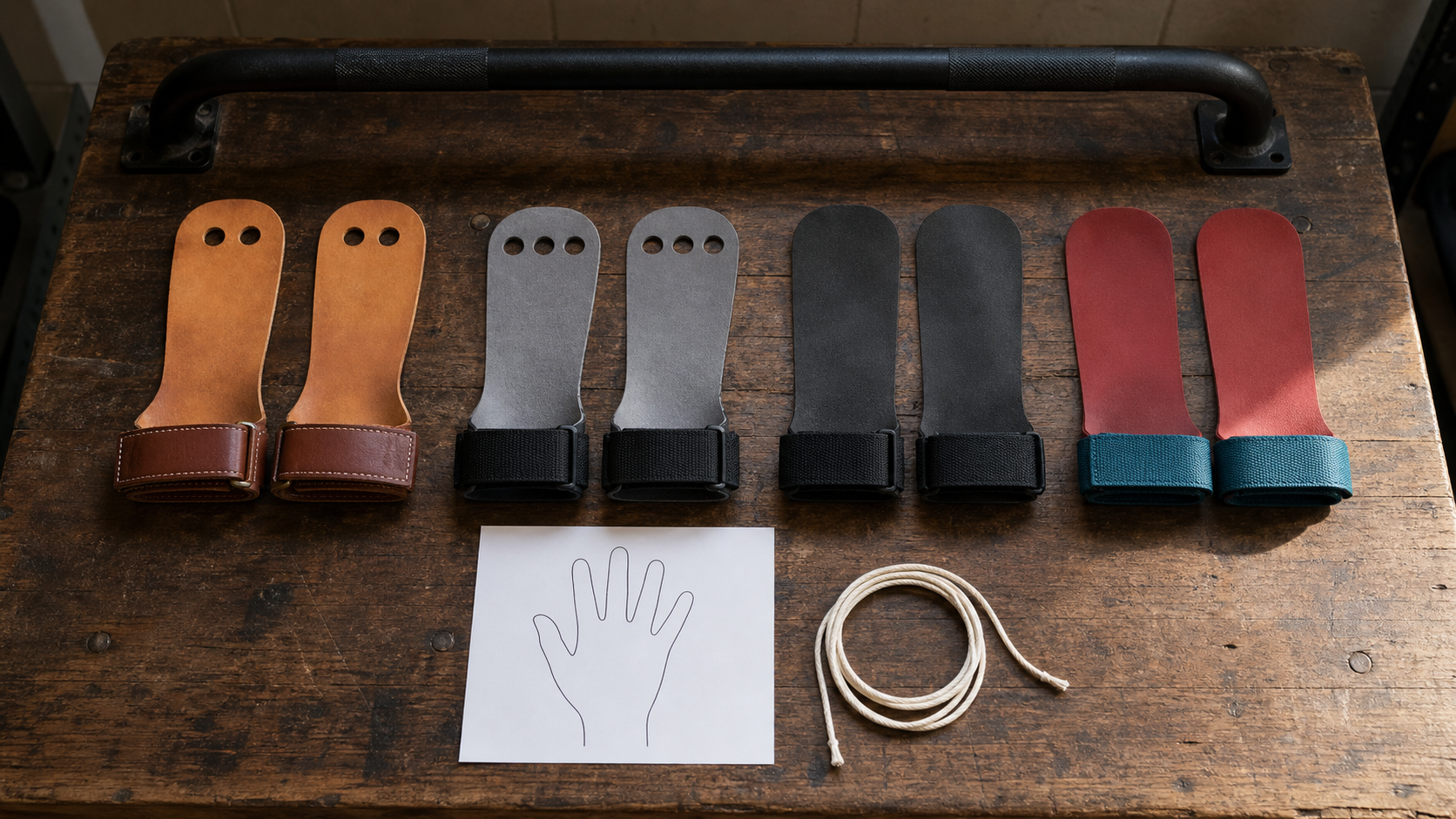 Four generic pairs of finger-hole and fingerless grips beside a blank hand outline and pull-up bar.