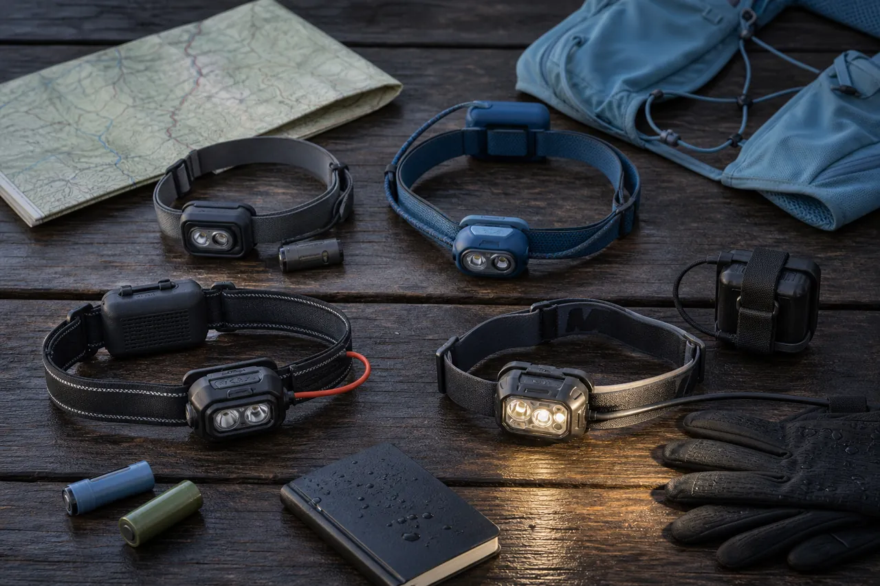 Four generic unbranded headlamps with different battery layouts beside a trail map, running vest, batteries and gloves