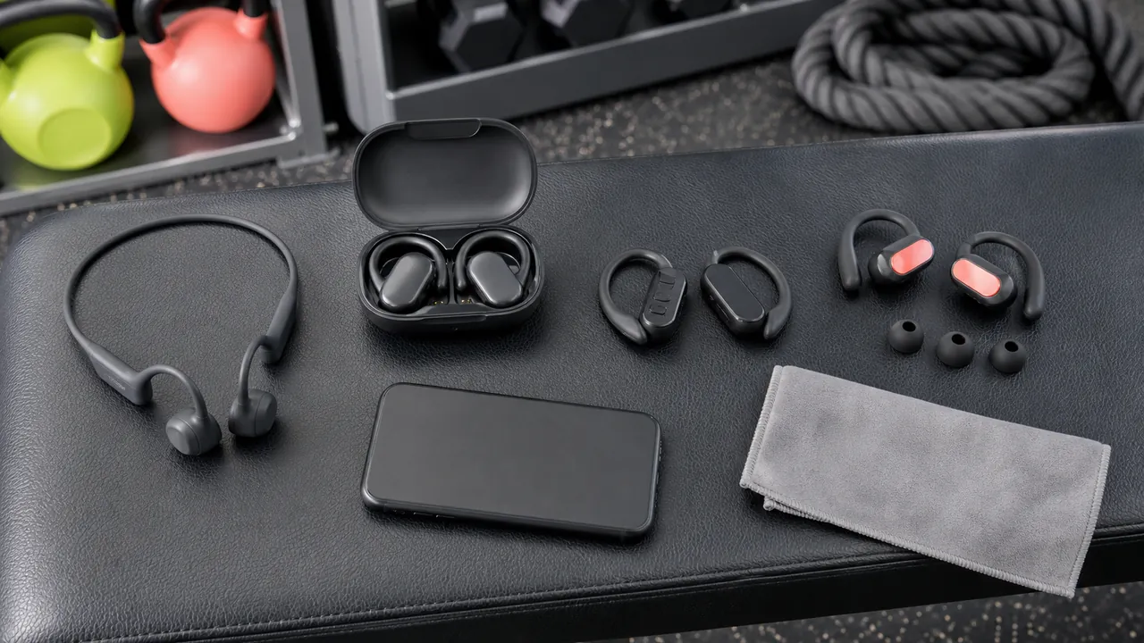 Generic open-ear and earhook sports headphones, charging case, tips and cloth on a gym bench.