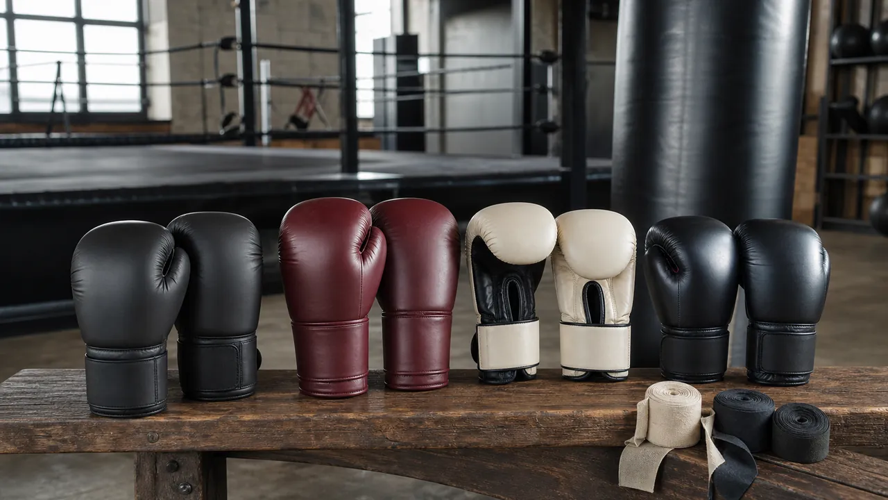 Four pairs of generic unbranded bag gloves and hand wraps on a boxing gym bench