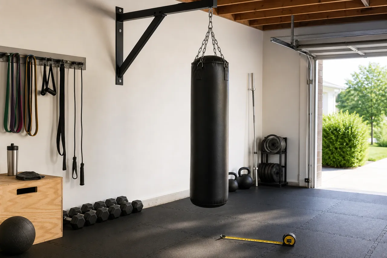 Generic unbranded hanging heavy bag on a visible wall bracket in a bright garage with a tape measure marking clearance