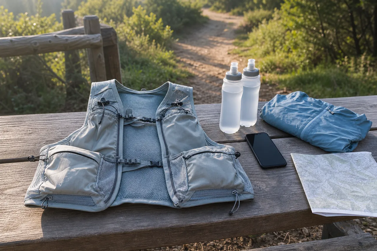 Generic running hydration vest, two soft flasks and trail essentials arranged on a bench