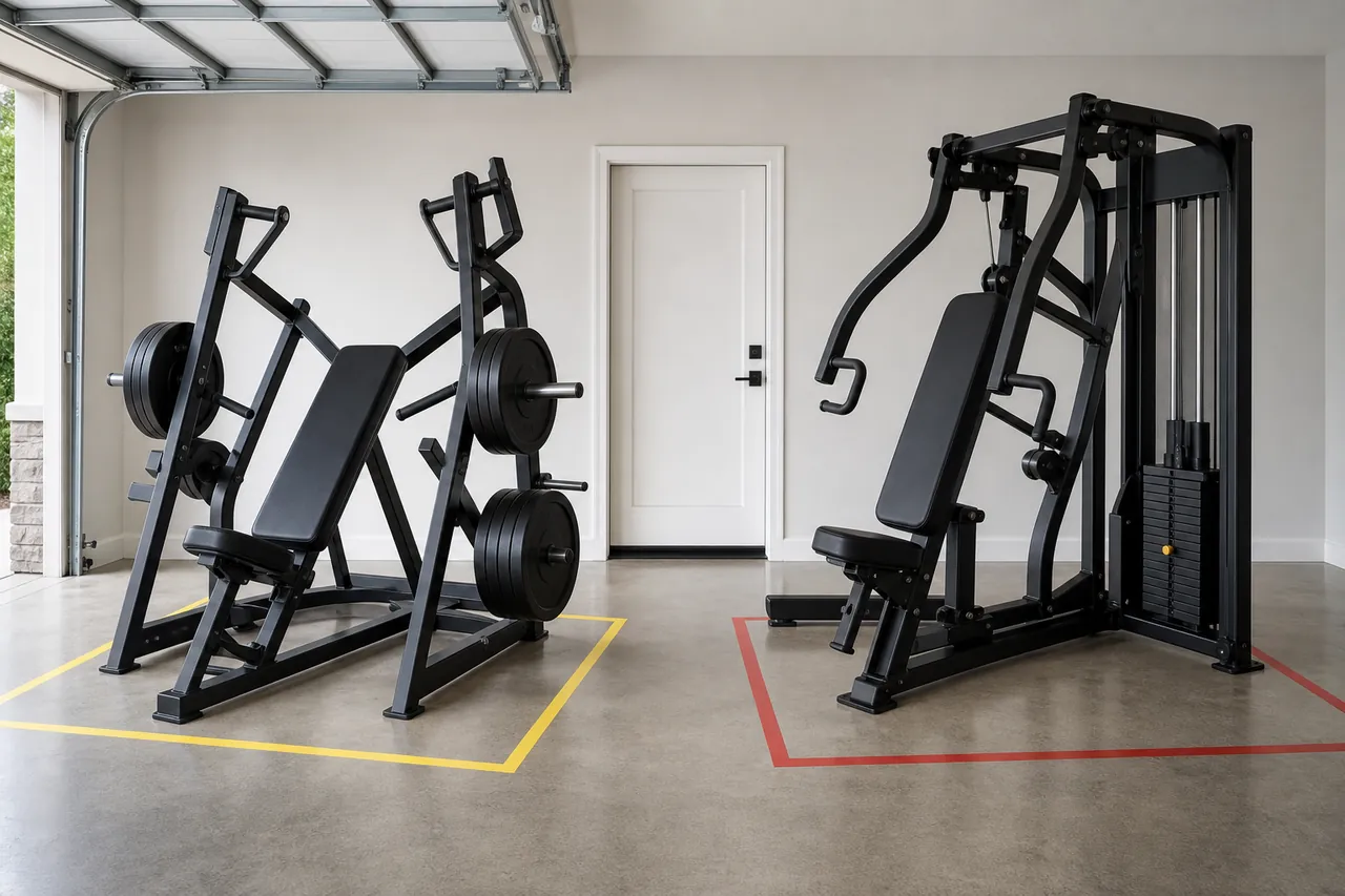 Generic unbranded plate-loaded and selectorized incline press machines inside taped floor boundaries