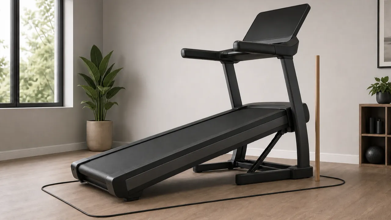 Generic unbranded incline treadmill in a measured home training room