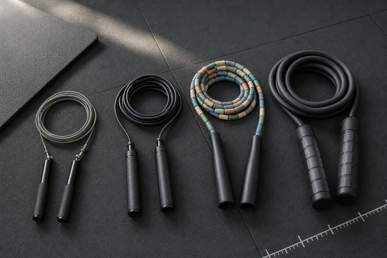 Four generic unbranded jump-rope constructions arranged on a gym floor