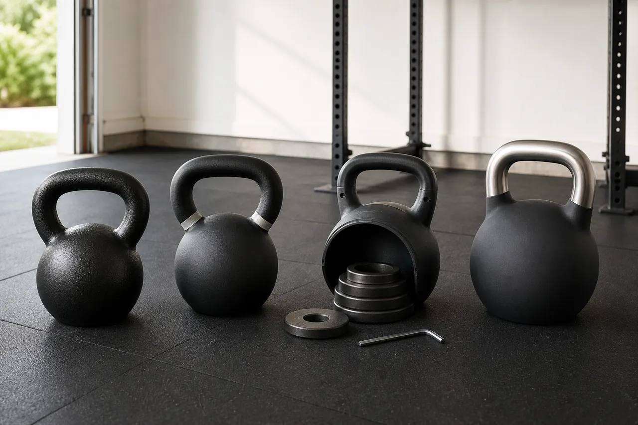 Four generic unbranded kettlebell constructions on a gym floor