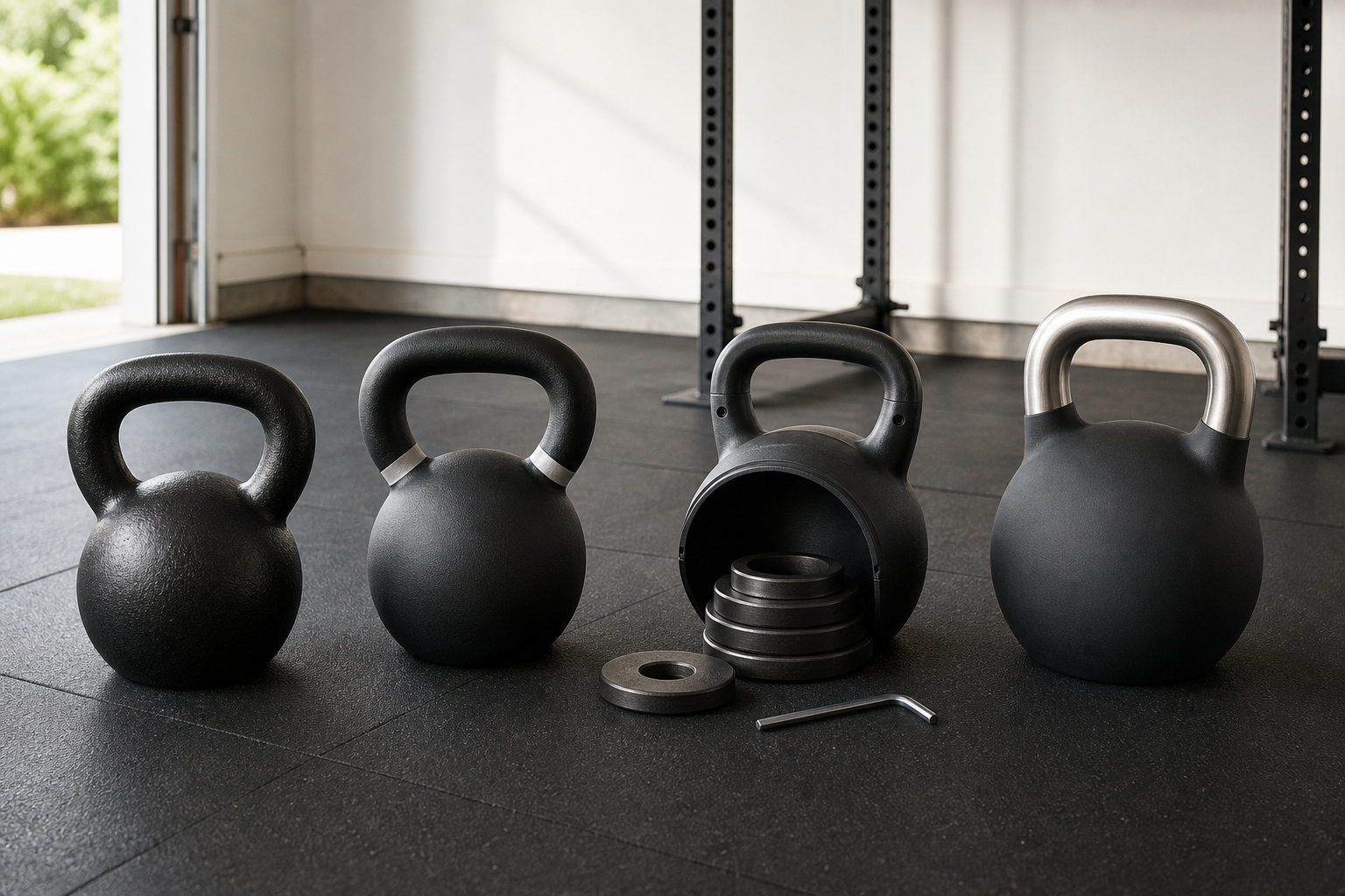 Four generic unbranded kettlebell constructions on a gym floor