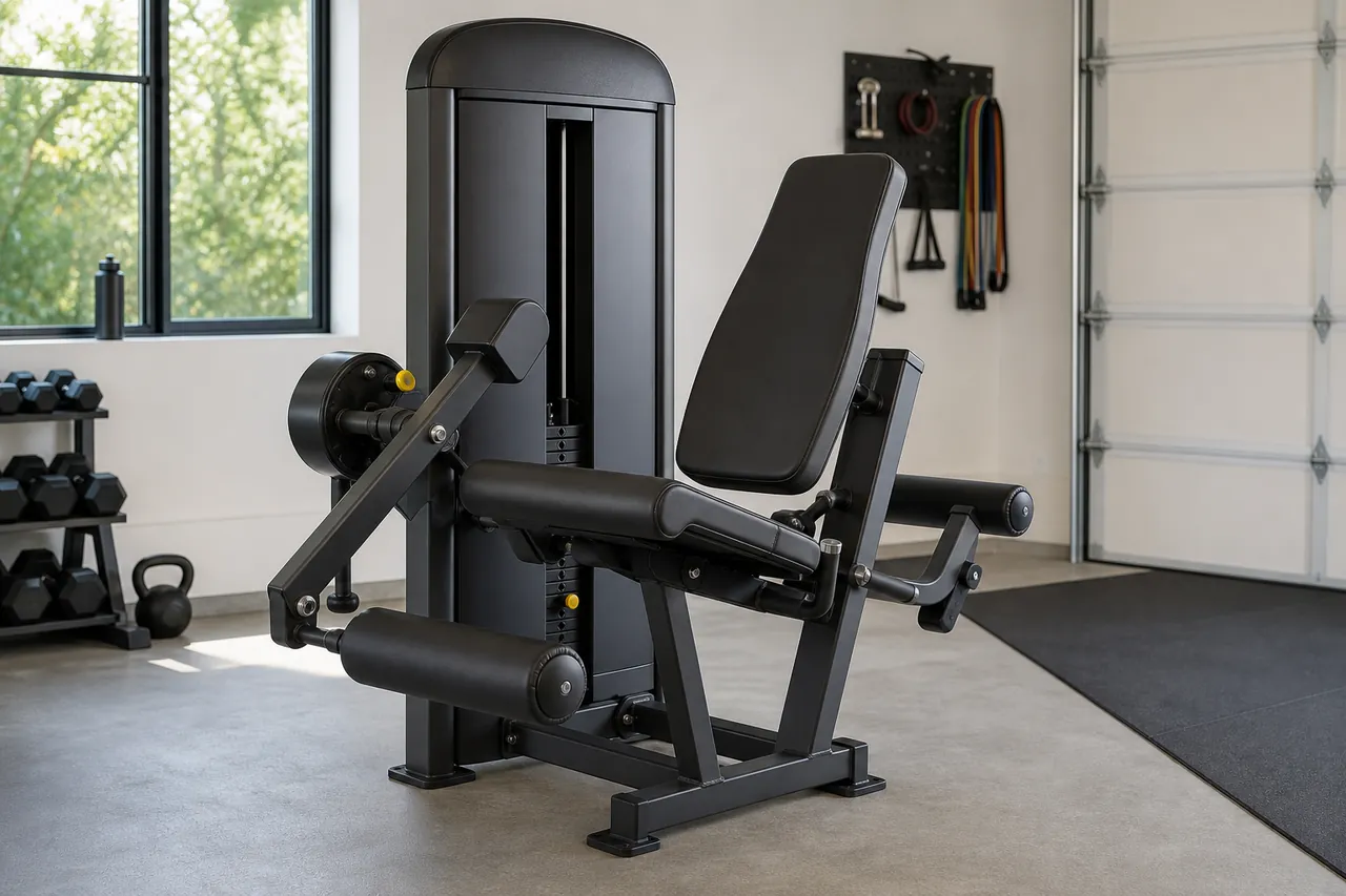 Generic unbranded seated leg-extension and curl machine in a bright garage gym