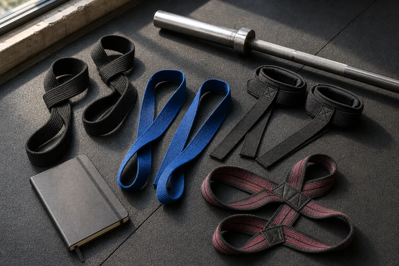 Several generic lifting strap constructions beside an unloaded barbell