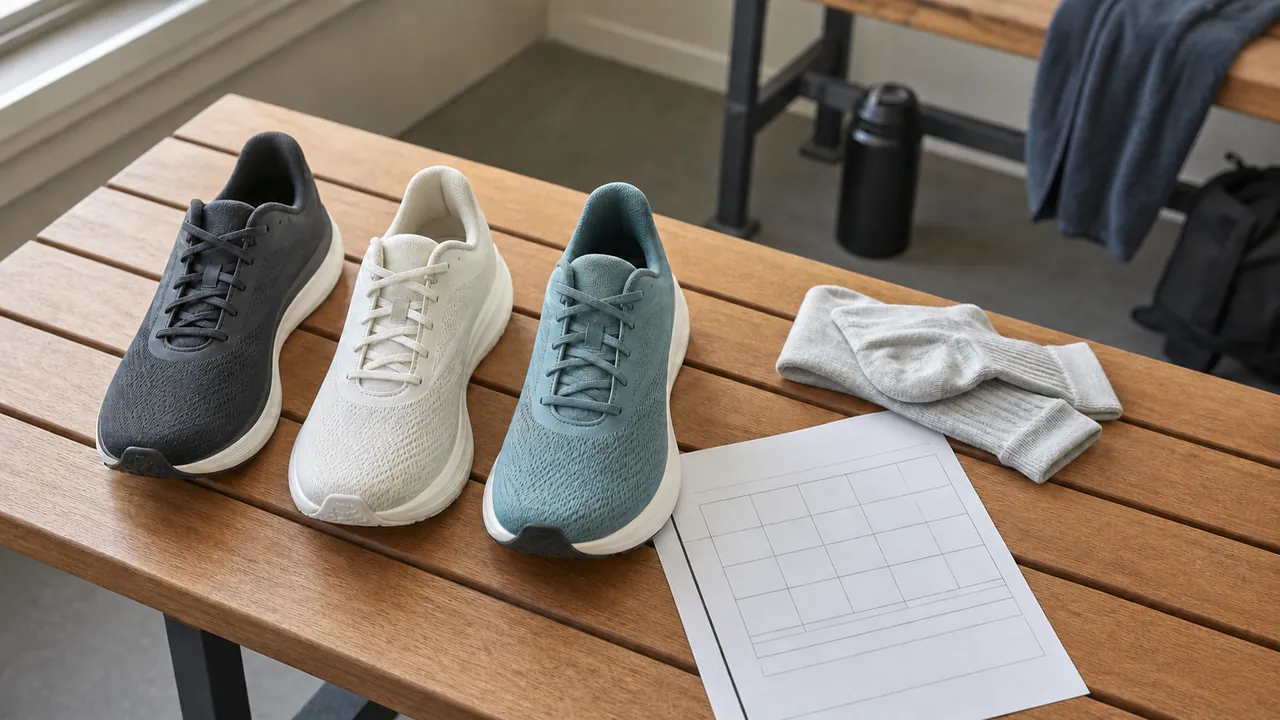 Three unbranded road running shoes beside socks and a blank fit grid on a wooden bench