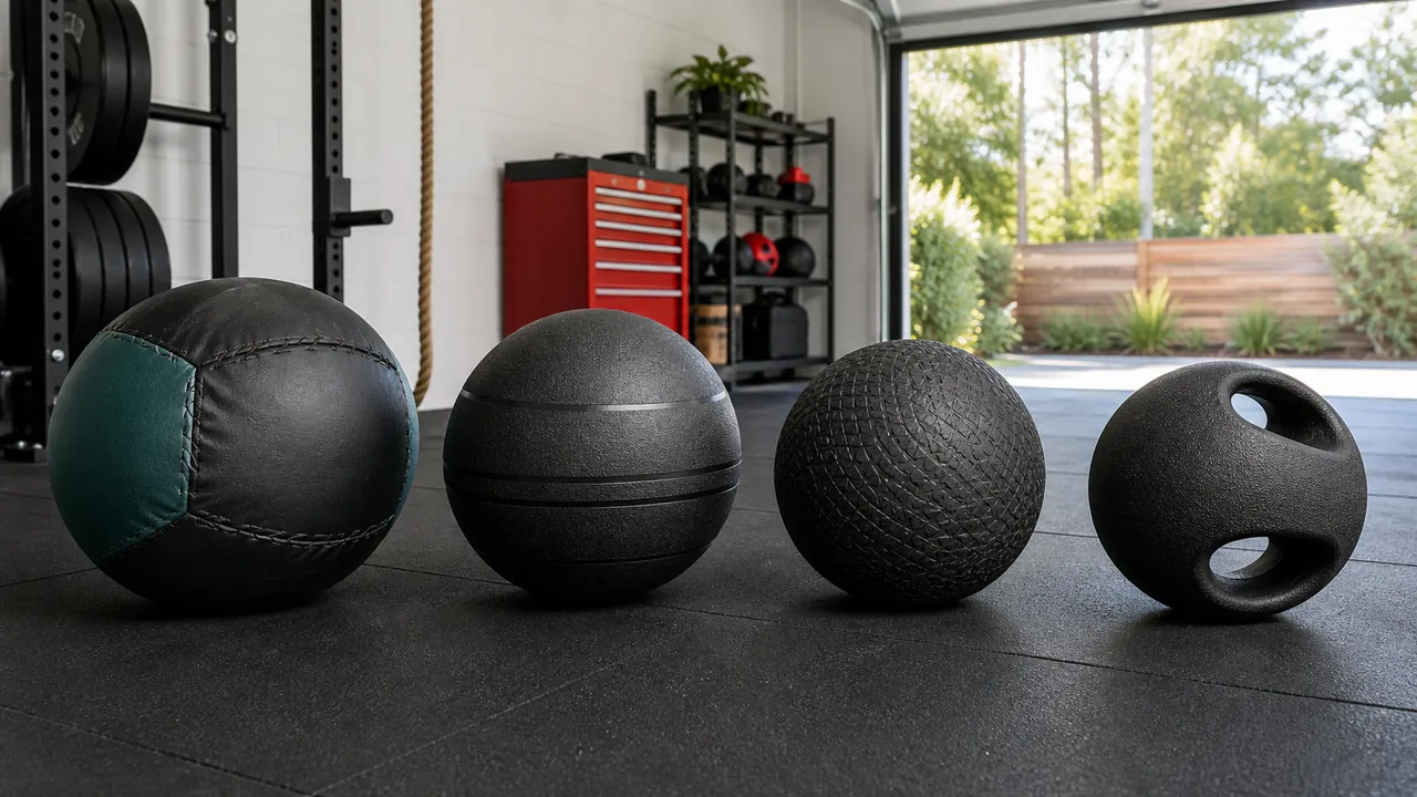 Four generic medicine ball types on rubber flooring in a bright garage gym