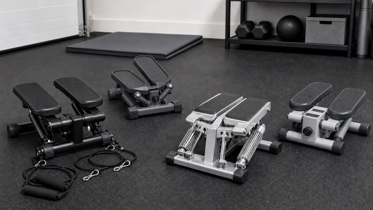 Four generic compact stepping machines arranged on a gym floor with a plain mat and storage shelf.