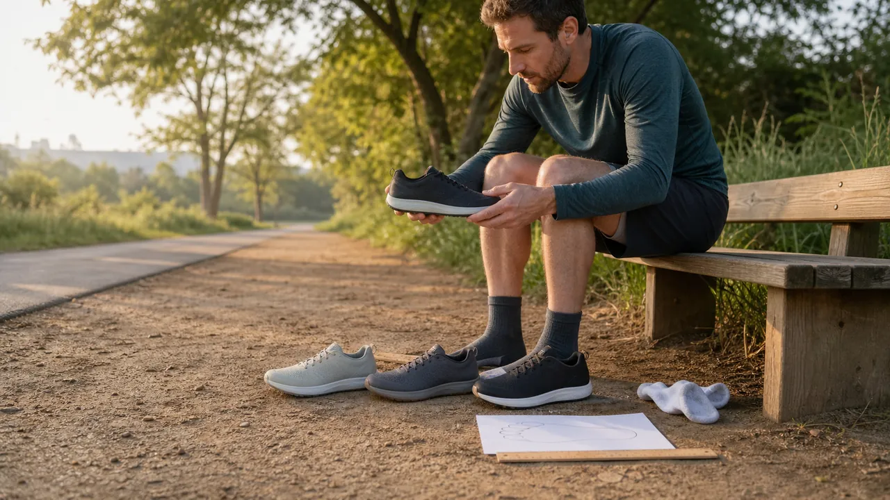 Runner comparing generic low-profile shoes beside paved and dirt paths