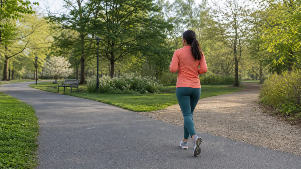 Woman running where a paved park path meets a gravel trail