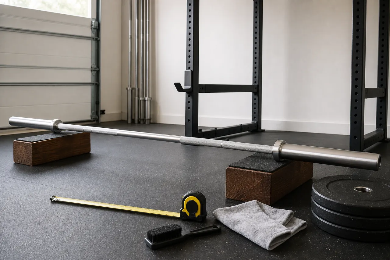 Generic Olympic barbell, bumper plates, tape measure and maintenance tools in a garage gym