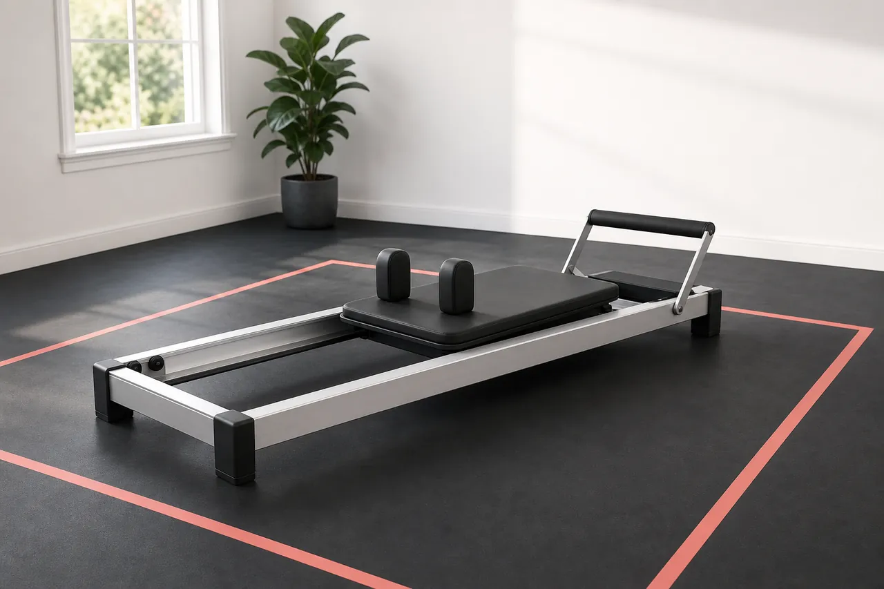 Unbranded Pilates reformer in a bright home exercise room with floor tape marking its working space