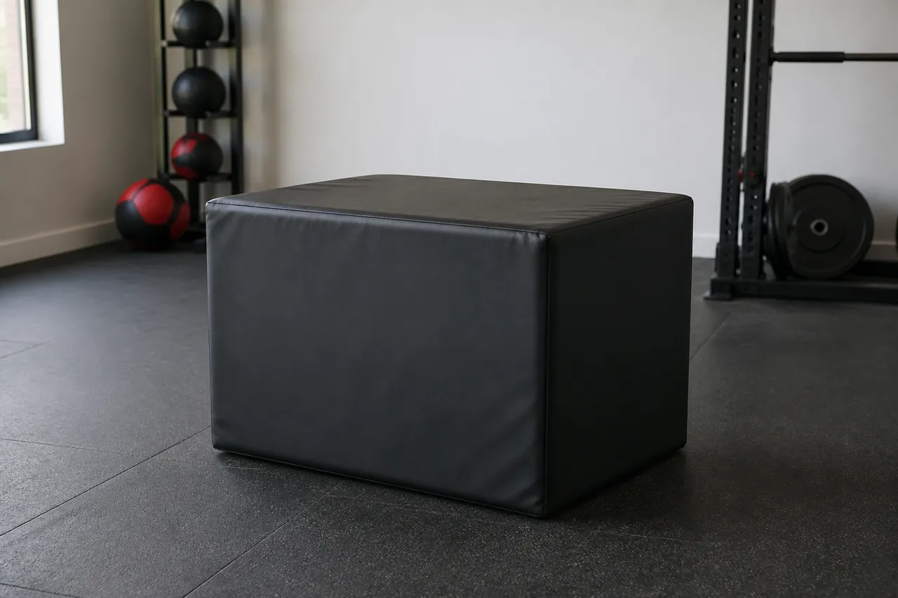 Generic unbranded soft plyometric box on rubber flooring in a home gym