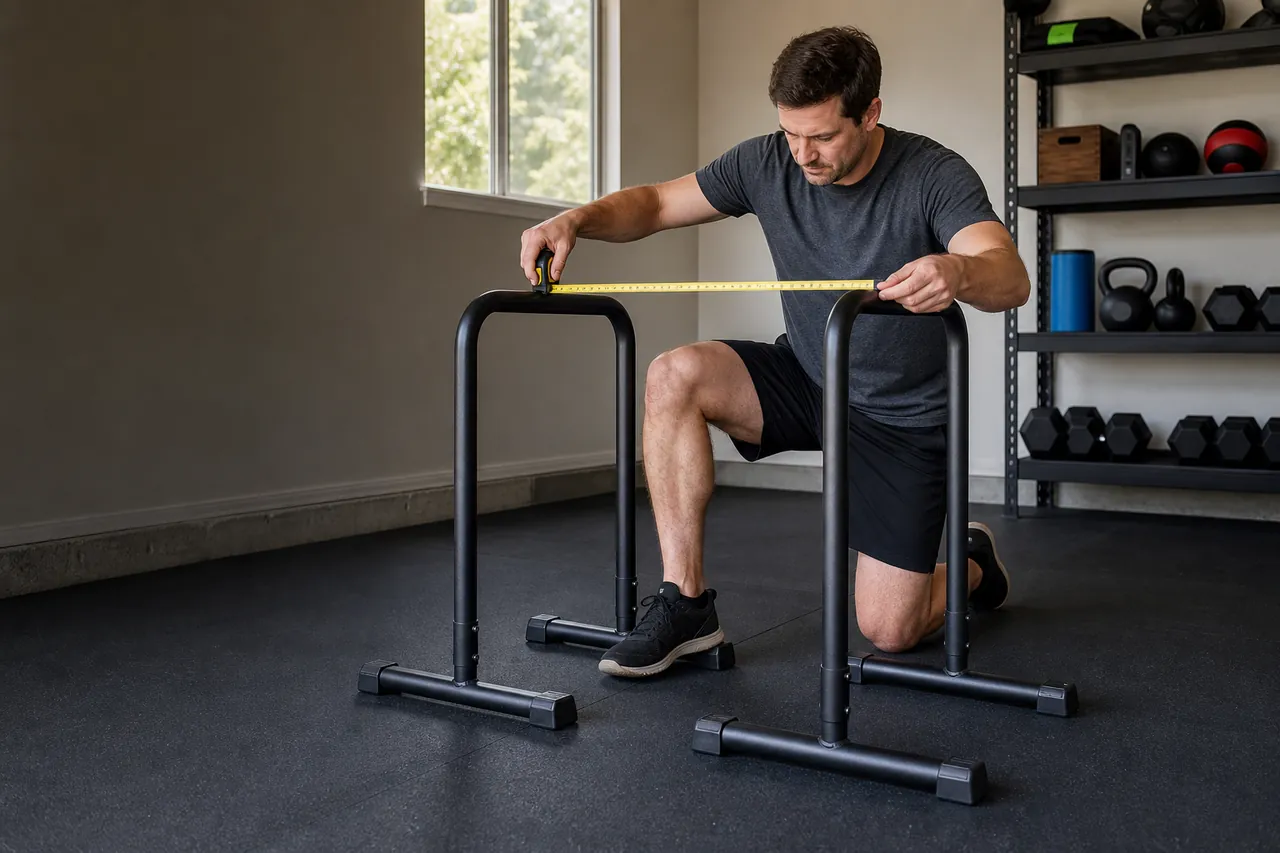 A person measures the rail spacing of generic portable dip bars on a home gym floor