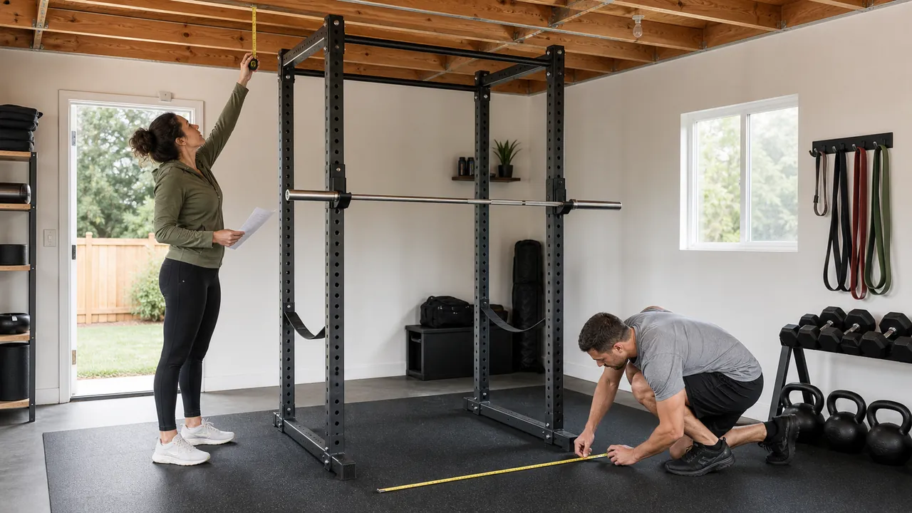 Two people measure the floor and ceiling around an unbranded power rack in a garage gym.