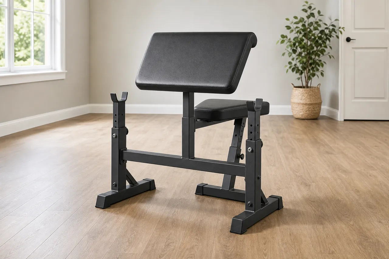 A generic unbranded preacher curl bench with seat, angled arm pad, and bar catches in a bright training room