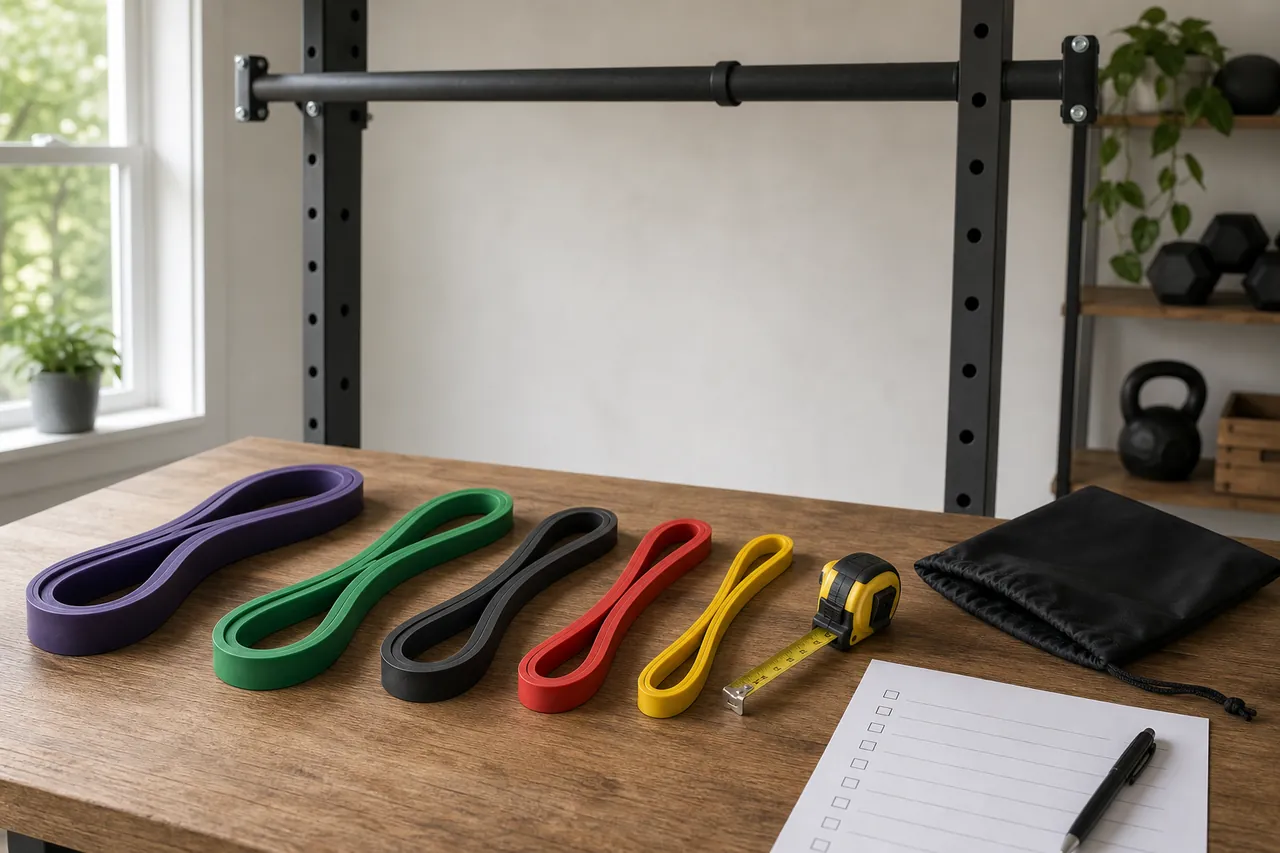 Generic long loop resistance bands arranged below a pull-up bar with measuring and inspection items