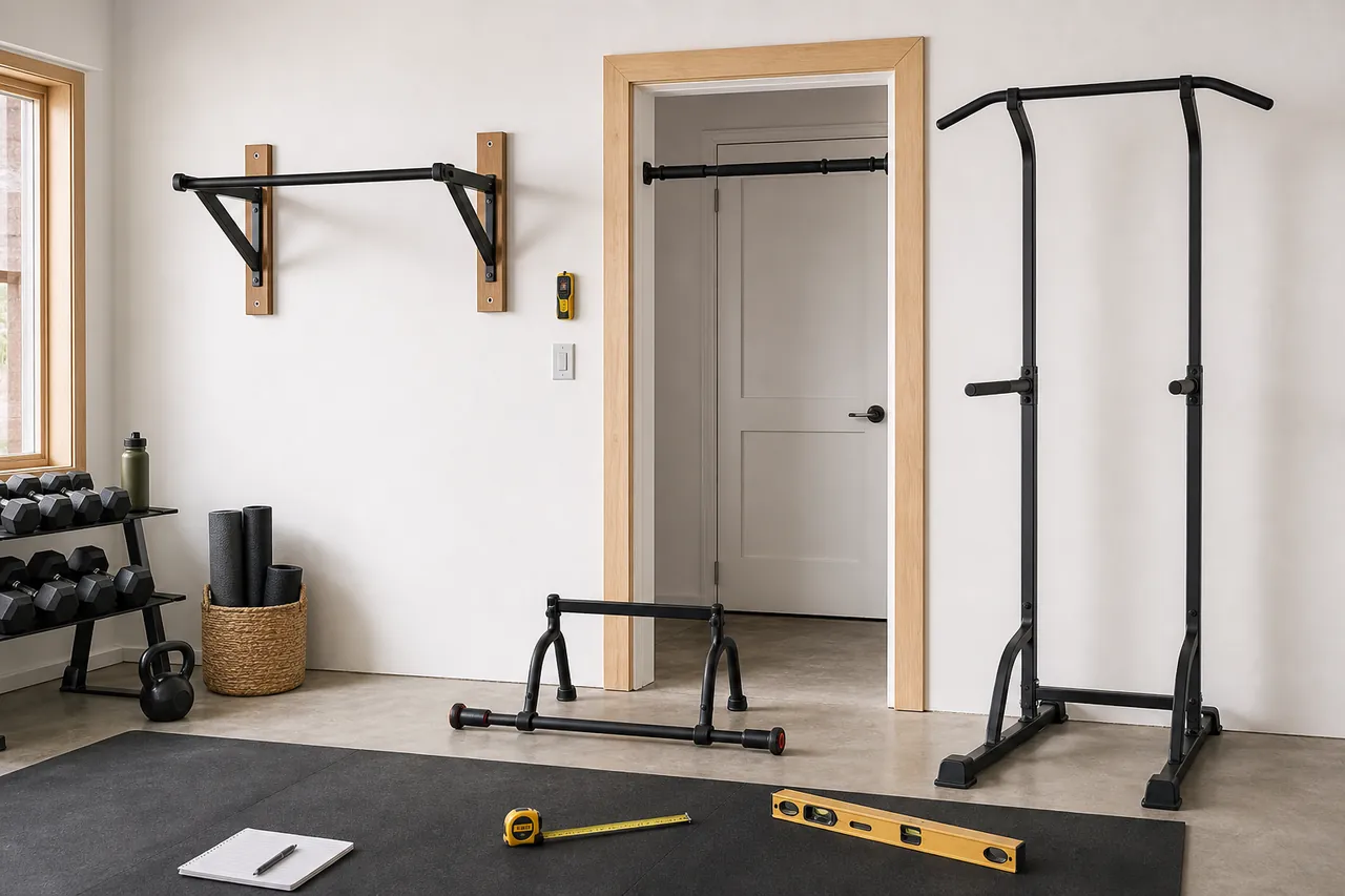 Generic wall, doorway and freestanding pull-up bar setups in a measured home-gym space