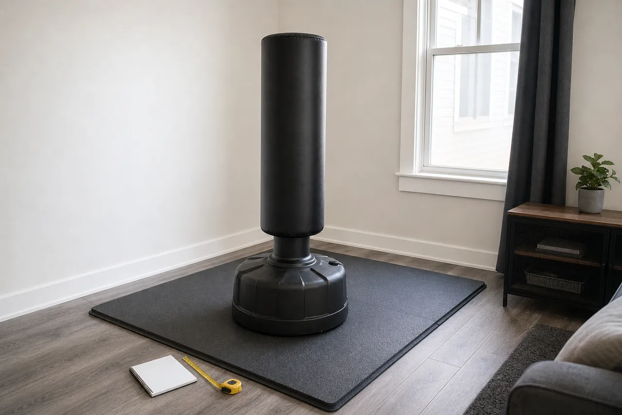 Generic unbranded freestanding punching bag with its full base visible on mats in an apartment room