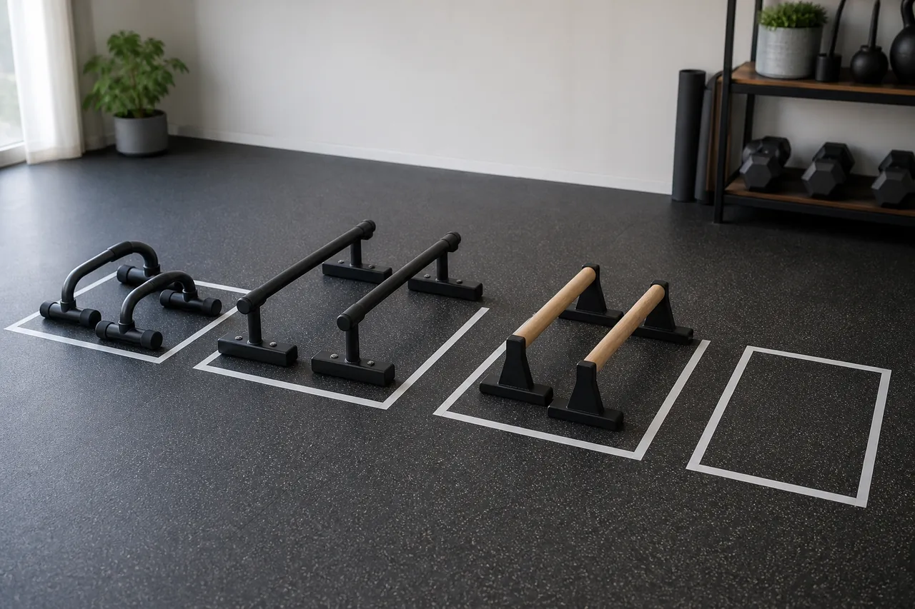 Generic low push-up handles and steel and wood parallettes arranged in taped floor footprints