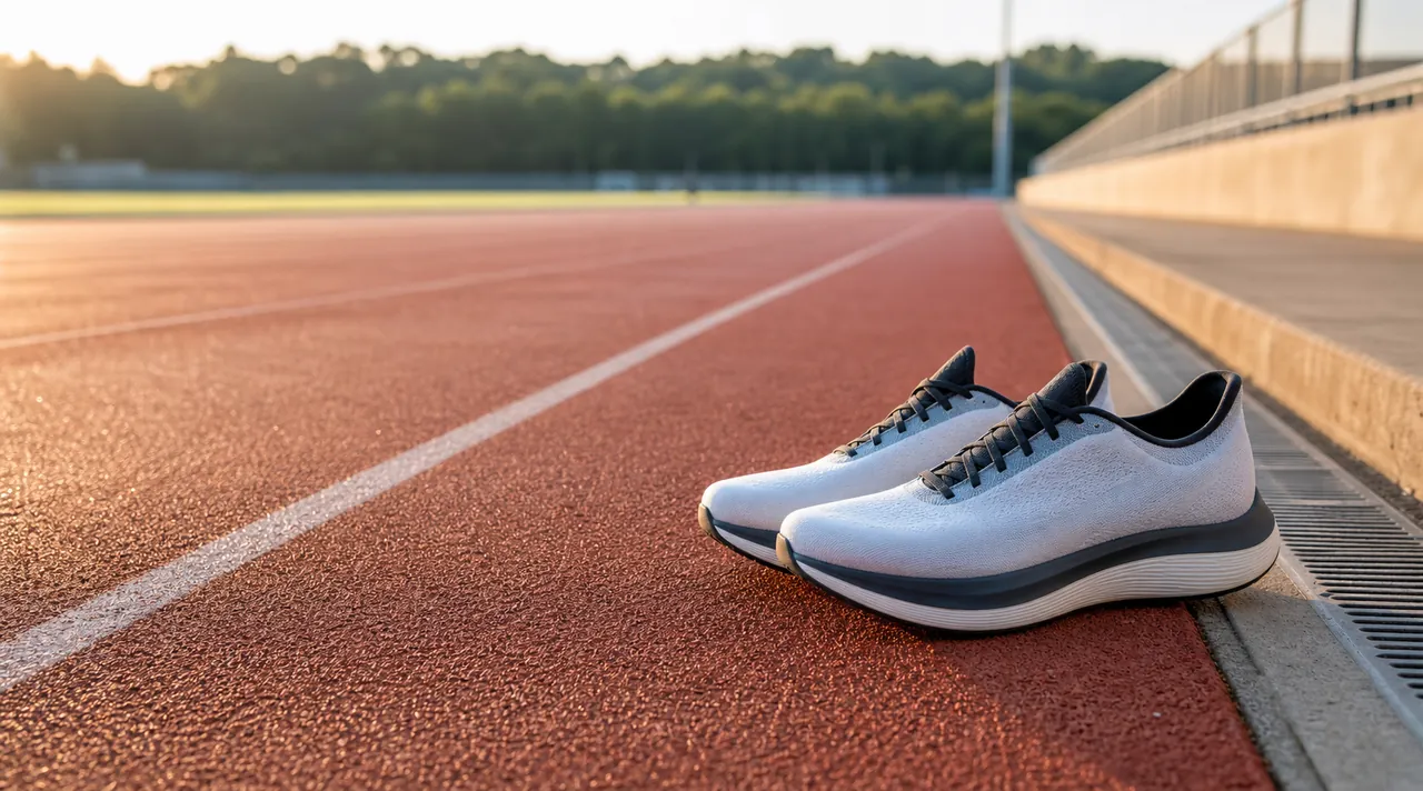 Two generic unbranded road shoes beside an athletics track