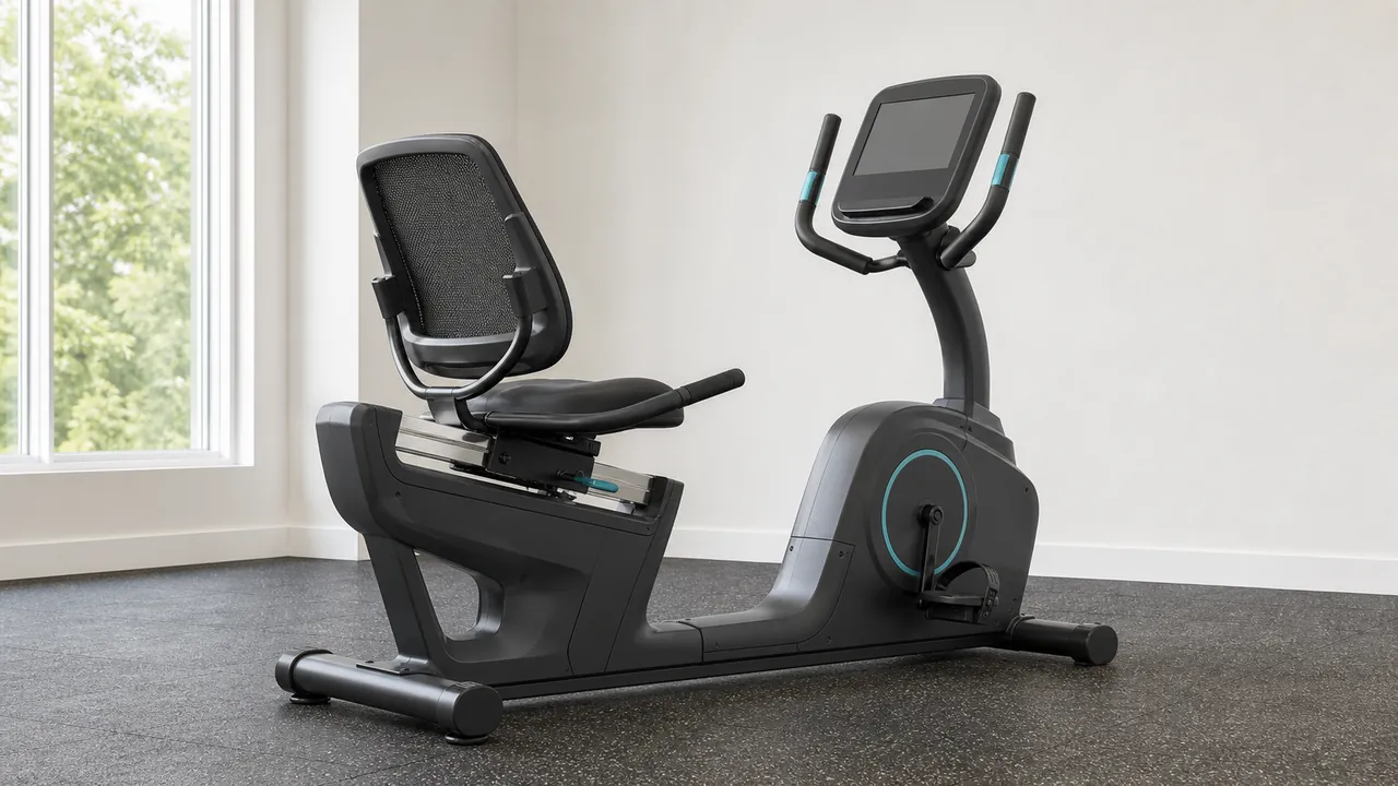 Generic unbranded recumbent exercise bike with an open access frame, seat back and console in a bright home gym