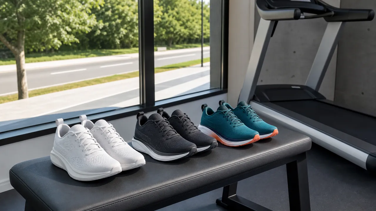 Three pairs of generic unbranded running shoes beside a treadmill and road