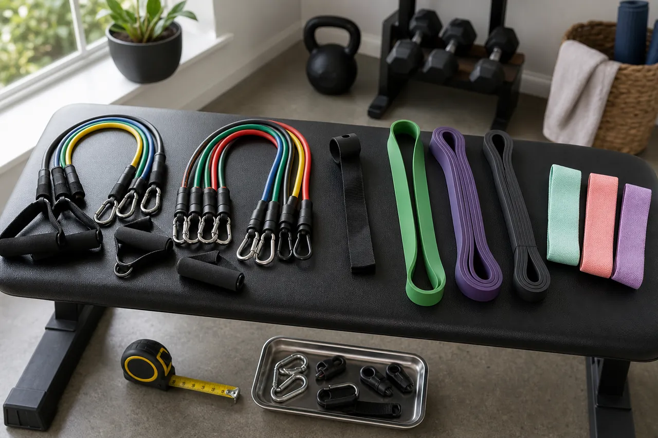 Generic fixed-handle tubes, clip-on resistance tubes, long power loops and fabric mini loops arranged separately