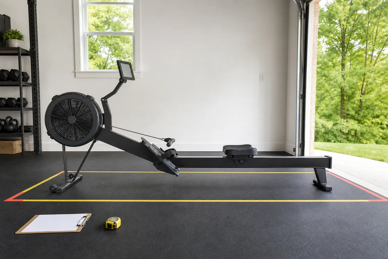 Generic air rowing machines, tape measure, floor marks, and workout clipboard in a bright garage gym