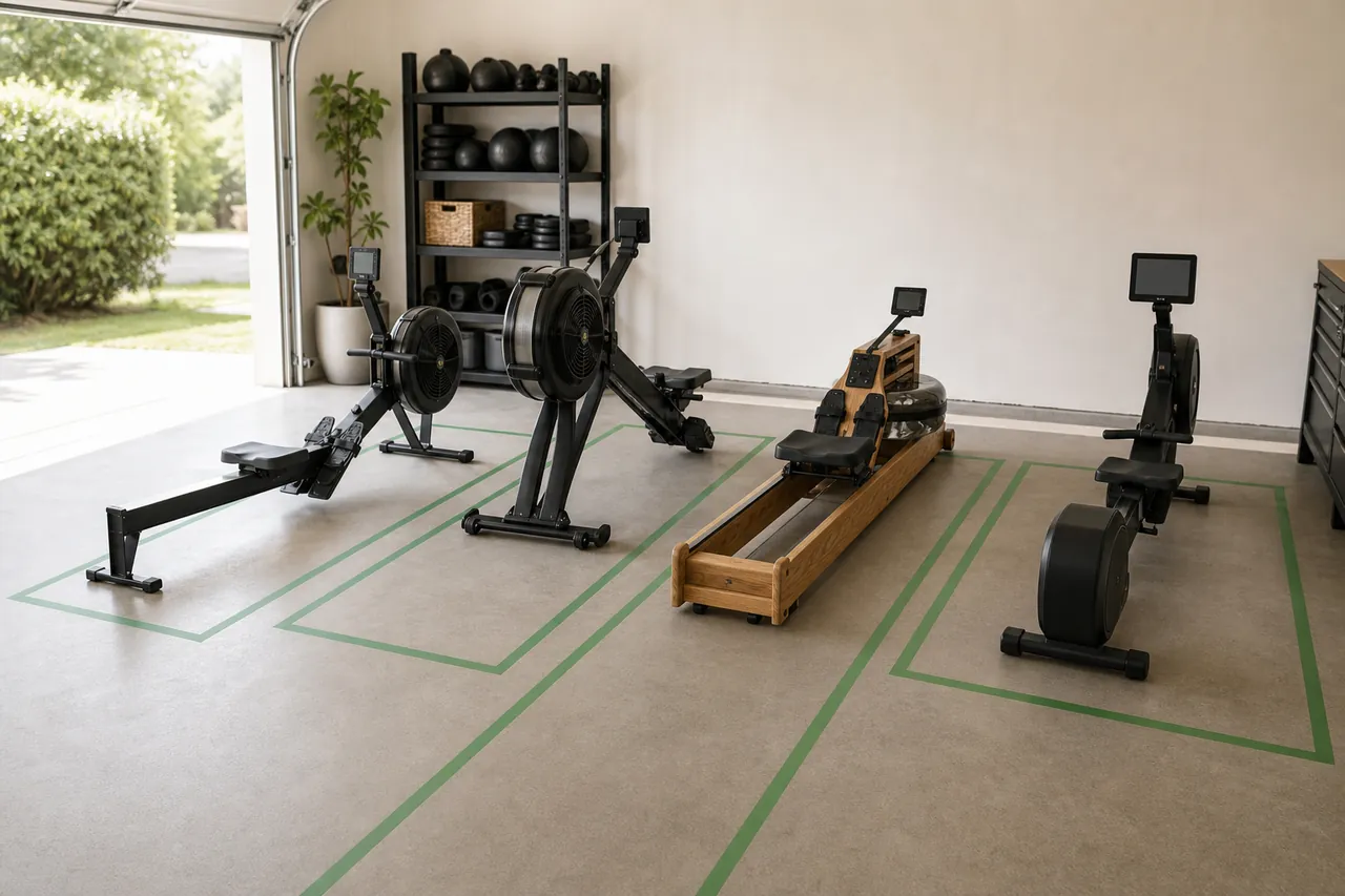 Four generic unbranded rowing-machine silhouettes in a measured home gym