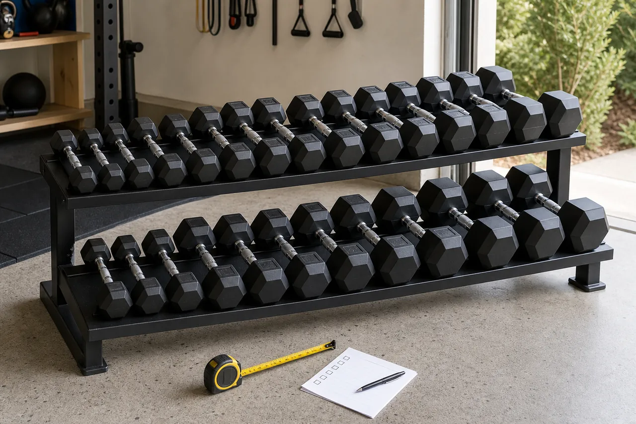 Orderly generic unbranded rubber hex dumbbell pairs on a two-tier rack beside a tape measure and blank set checklist