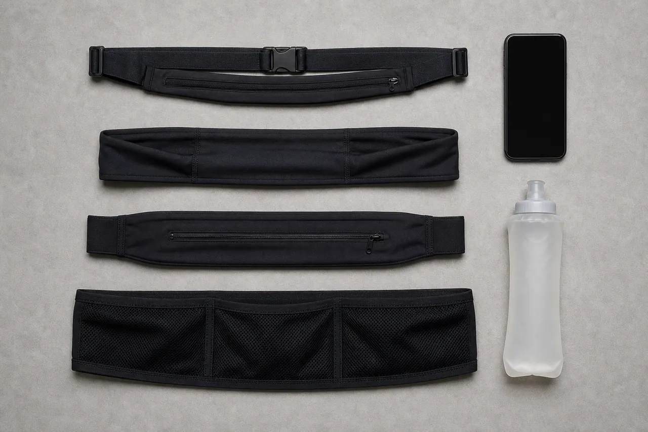 Generic running belts beside an unbranded phone and soft flask on a clean bench