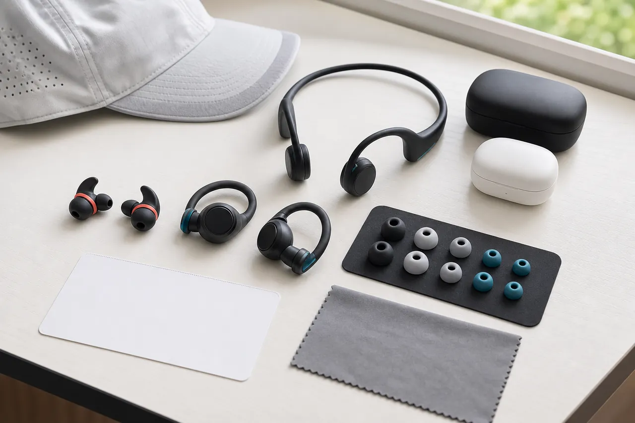 Generic running-headphone fit kit with open-ear band, wingtip and hook earbuds, tip sizes, cases, cap, and dry cloth