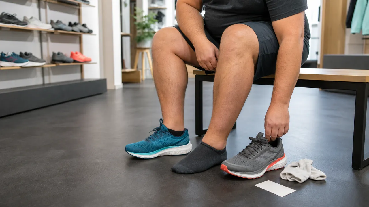 Adult runner seated in a shoe store comparing two generic unbranded road shoes.