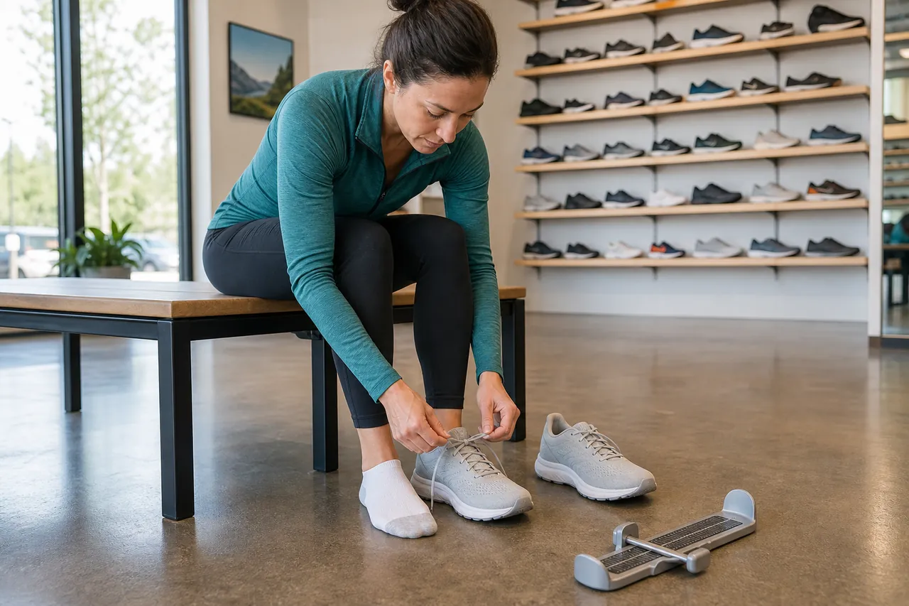 A runner lacing a generic unbranded shoe in a running store