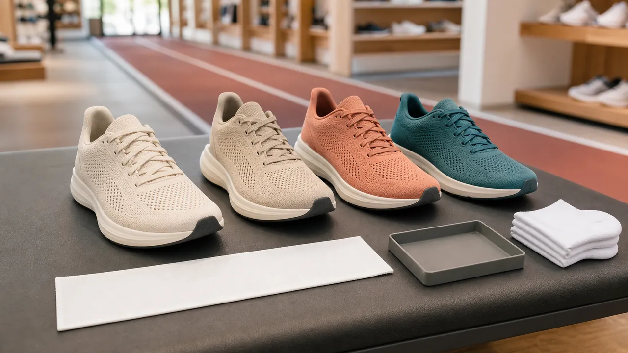 Four generic unbranded running shoes arranged on a fitting bench