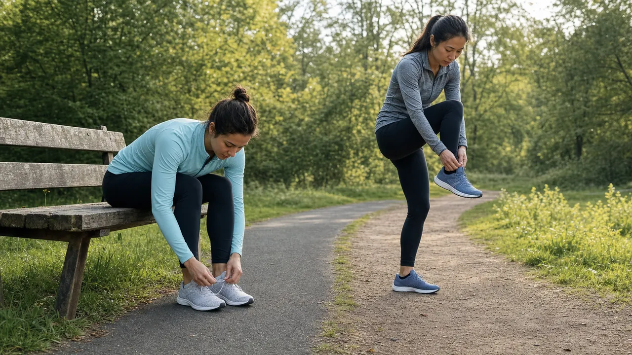 Two adult women checking generic running-shoe fit where a paved path meets a dirt trail
