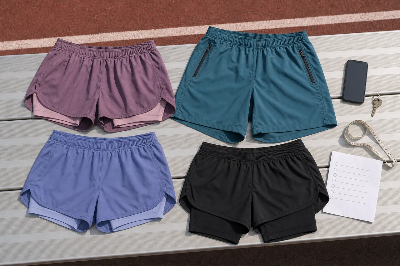 Four generic unbranded running shorts beside a phone, key and measuring tape on a track bench